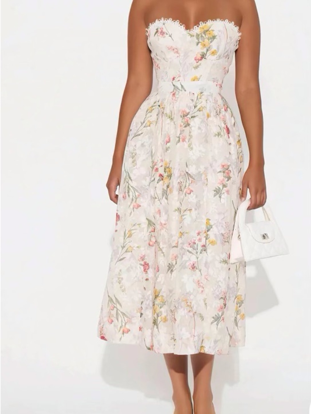 Fashion Nova Strapless Floral Midi Dress in Ivory and Pink
